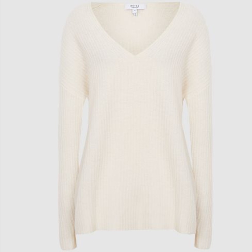 New REISS Trinny Ribbed Wool & Cashmere Blend V-Neck Sweater Size XS